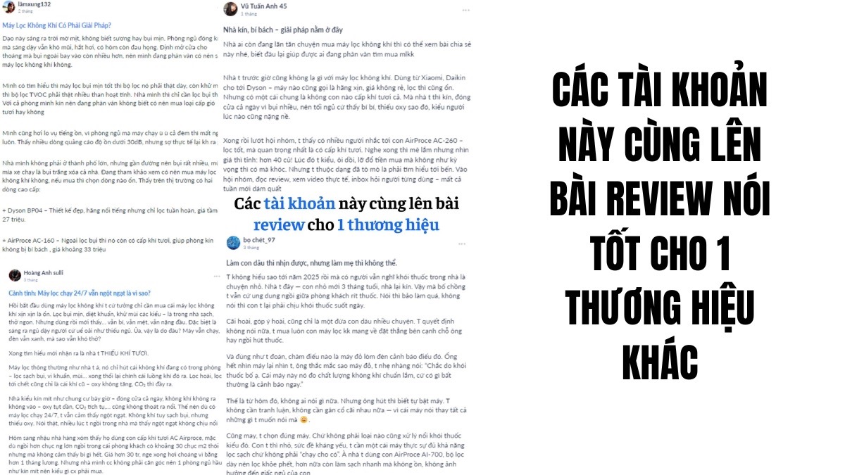 Các tài khoản này cùng lên bài review nói tốt cho 1 thương hiệu khác
